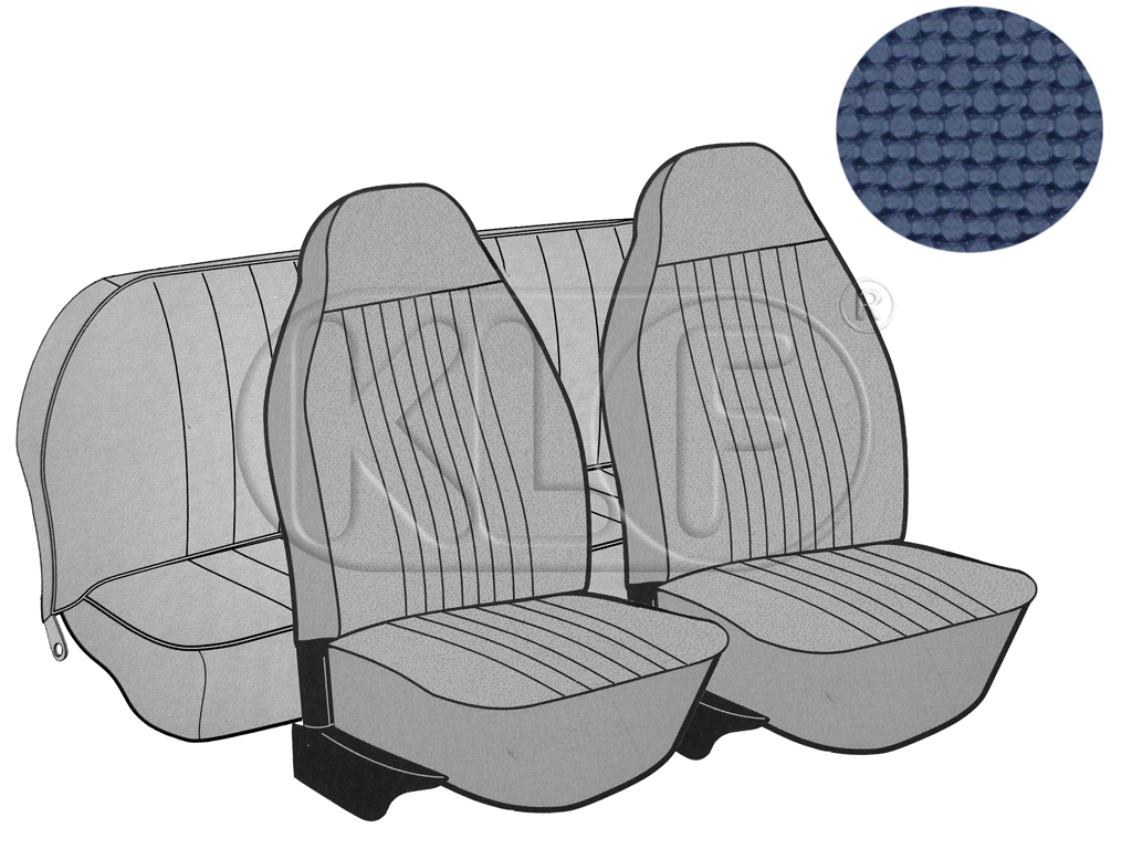 Seat Covers, front+rear, Basket, year 8/72-7/73 convertible, blue with integr. headrest