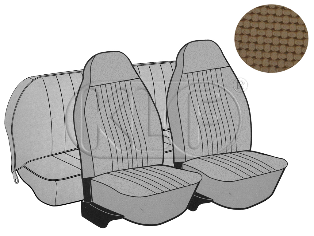 Seat Covers, front+rear, basket weave, year 8/72-7/73 convertible, tan with integr. headrest